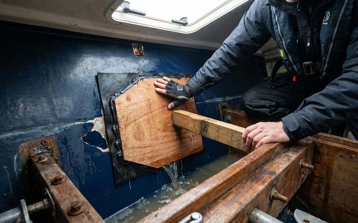 Crew brace a rubber-backed plywood panel over an irregular hull breach with a timber strut.