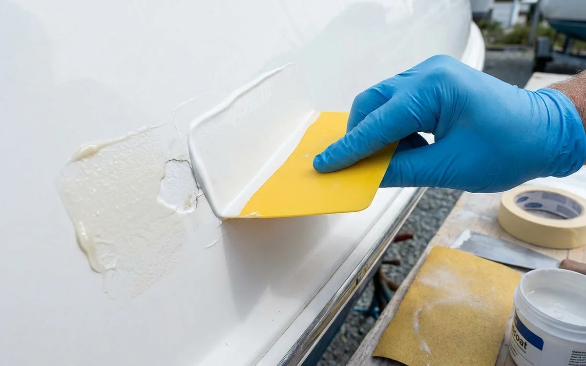 A gloved hand spreads unwaxed gelcoat over a gelled coat, leaving the repair slightly proud.