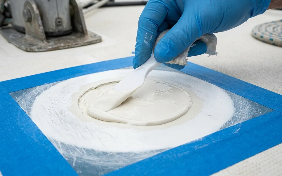 A gloved hand spreads gelcoat into a feathered chip repair on an abraded fibreglass deck.