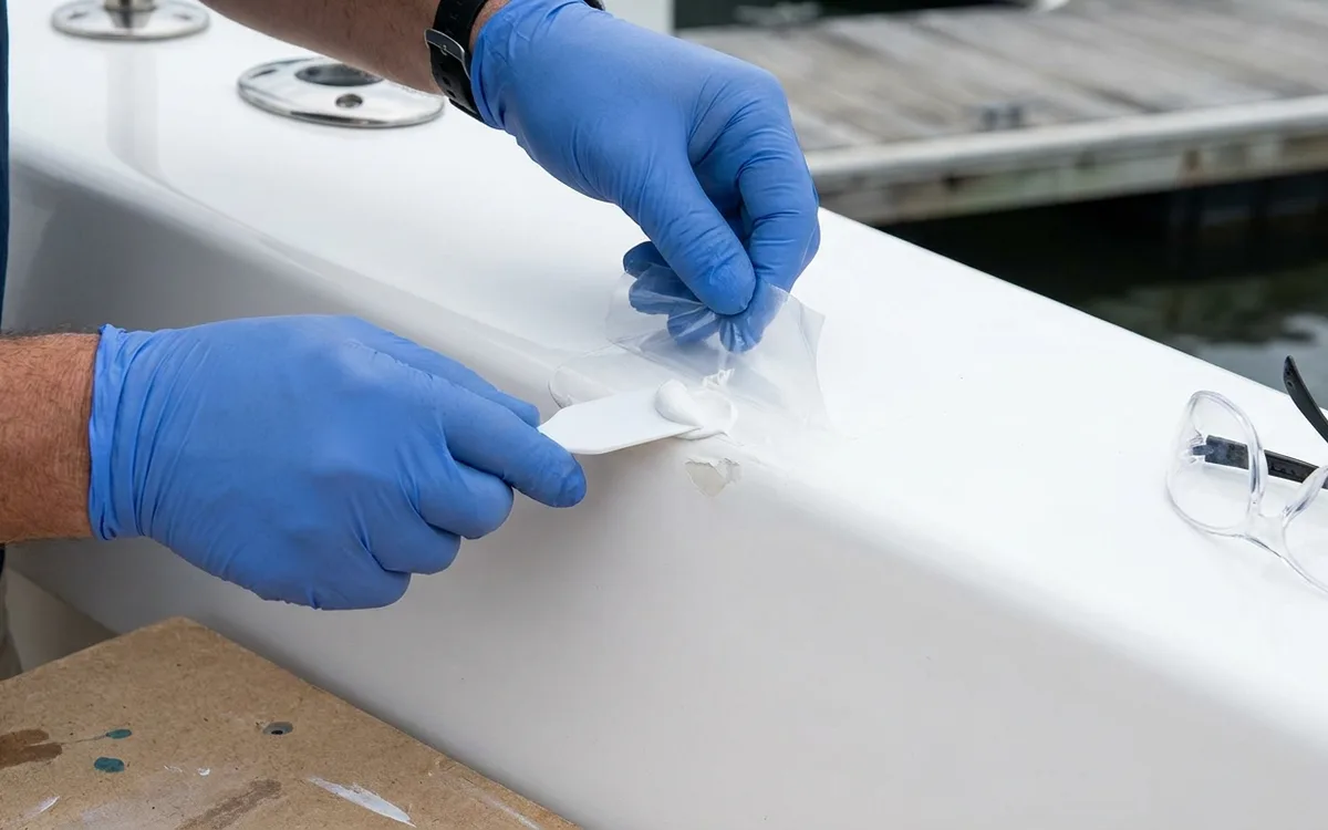 Gloved hands fill a prepared hull chip with gelcoat paste and smooth it flush beneath release film.