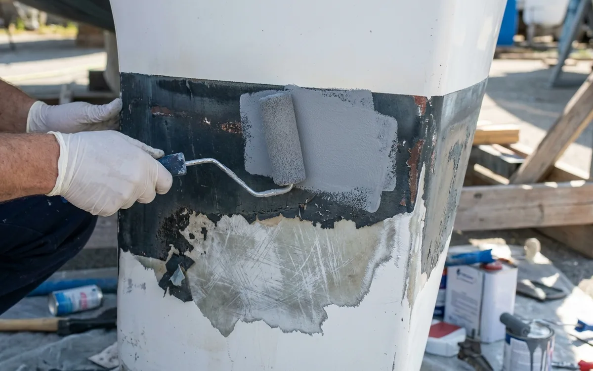 Gloved hands roll a specified tie coat onto sanded, firmly attached antifouling on a fibreglass hull.