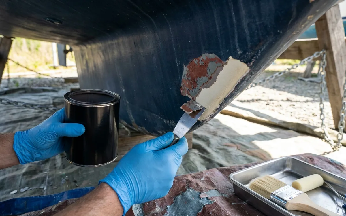 A gloved hand checks an attached old hull coating with a scraper before applying compatible antifouling.
