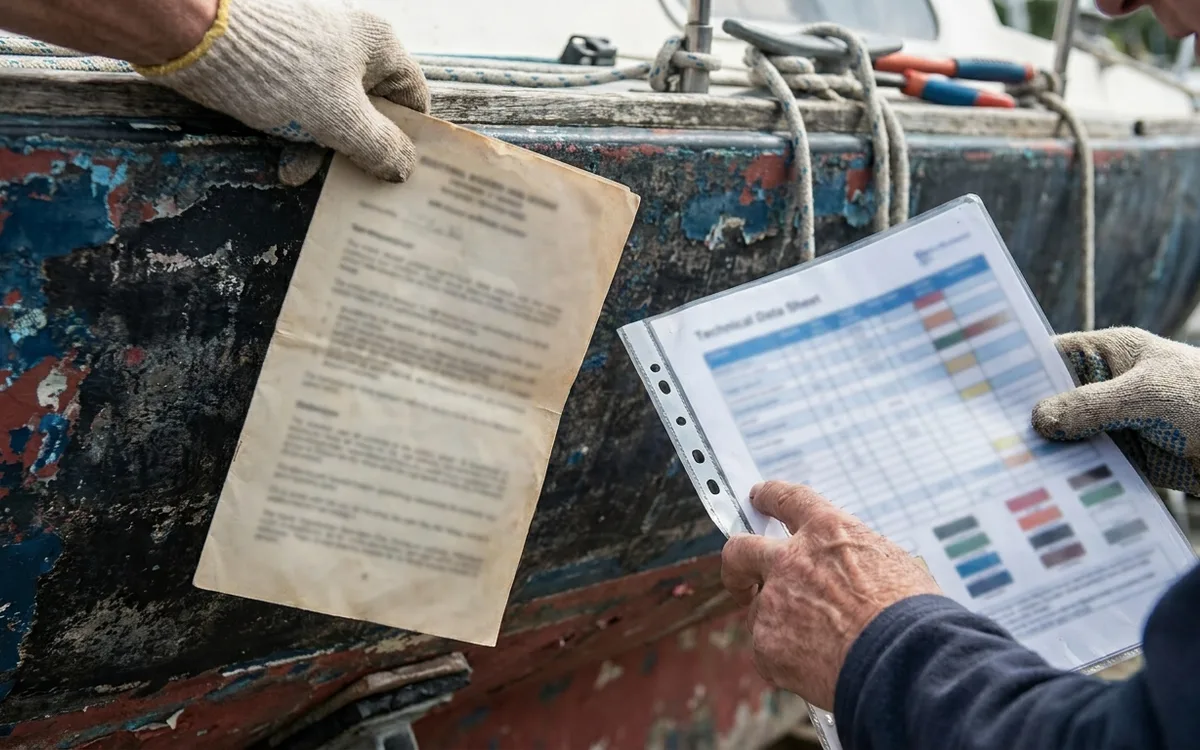 Hands compare an old antifouling invoice with a paint compatibility chart before recoating.