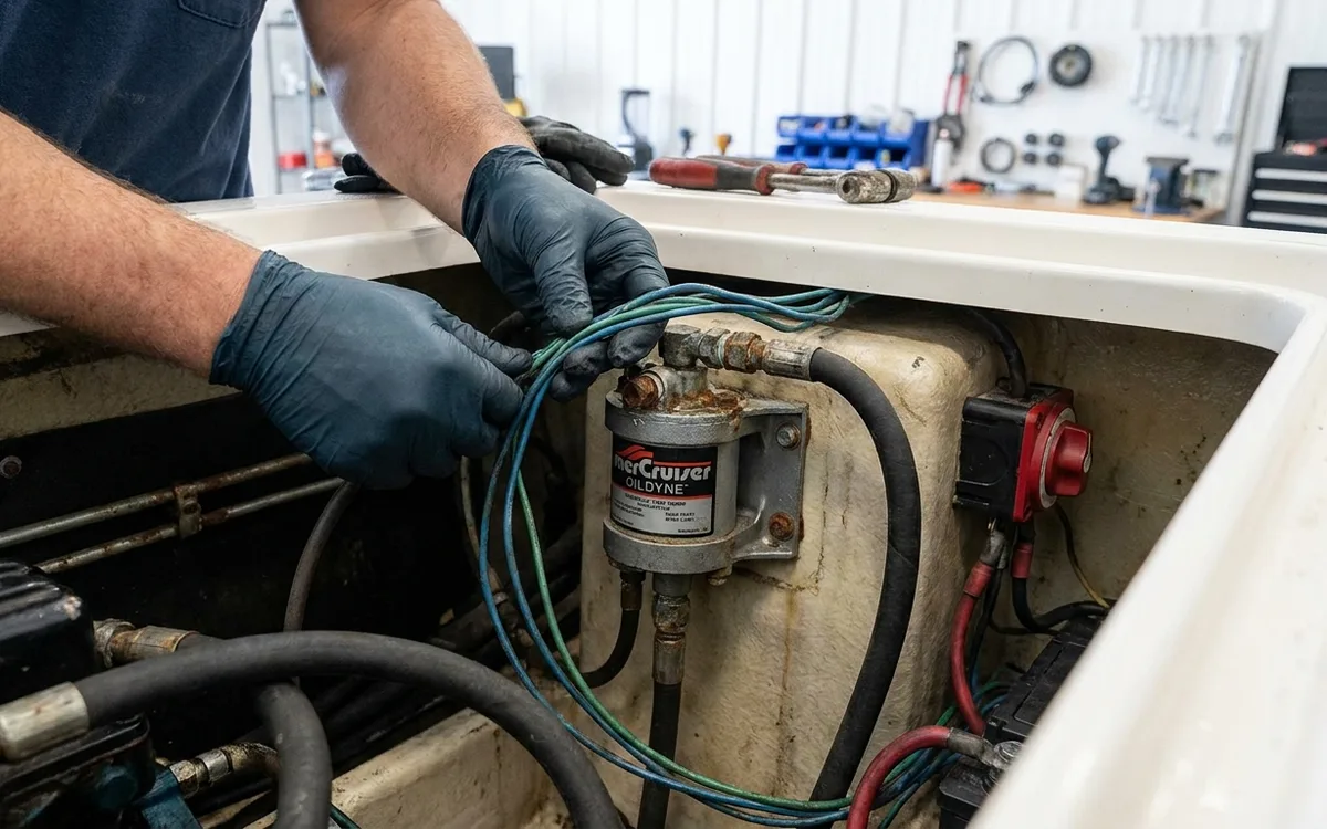 Gloved hands inspect a Sea Ray sterndrive trim pump, solenoids, and hydraulic lines.