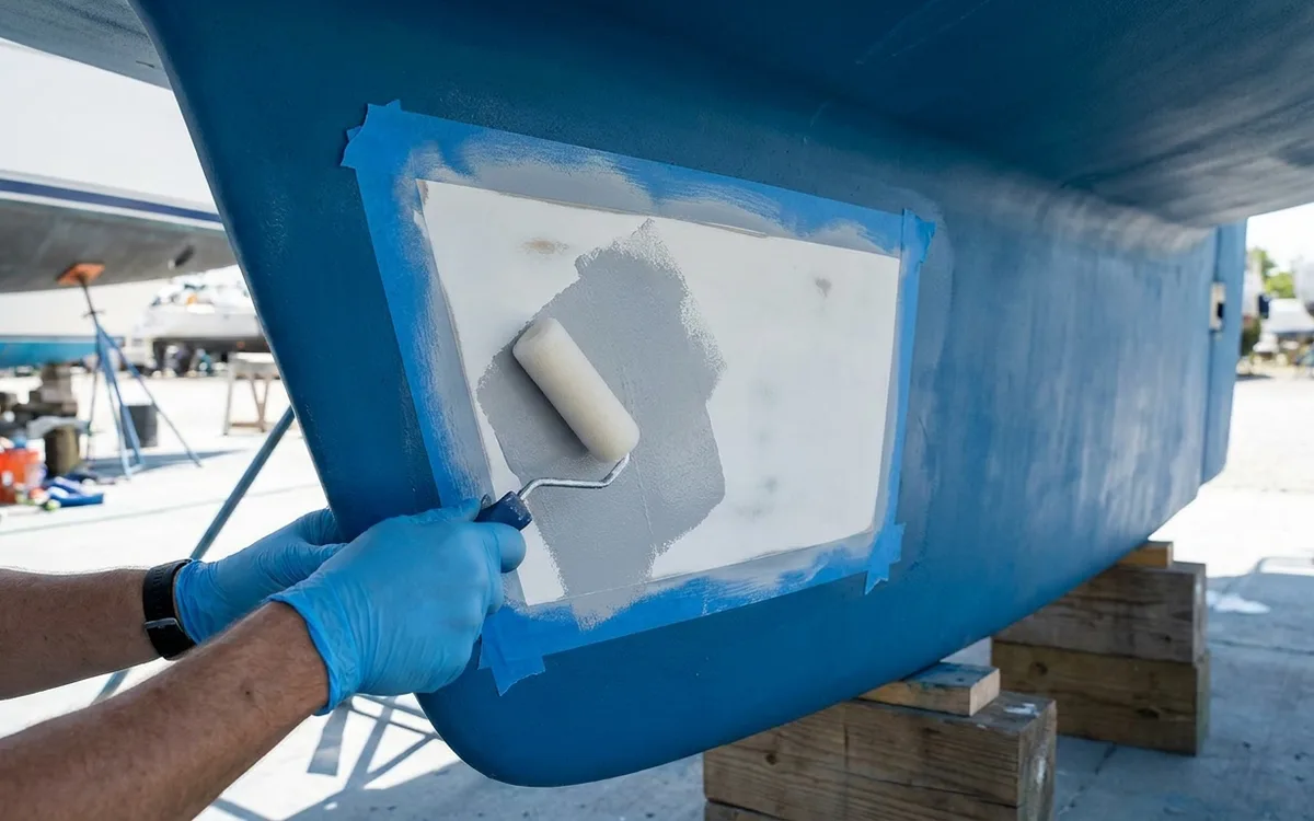 Gloved hands roll primer onto a dry, sanded bare gelcoat patch beside sound antifouling.