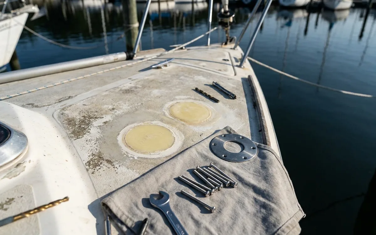 Cured epoxy plugs in cleaned trolling motor mounting holes on a fiberglass bow deck.