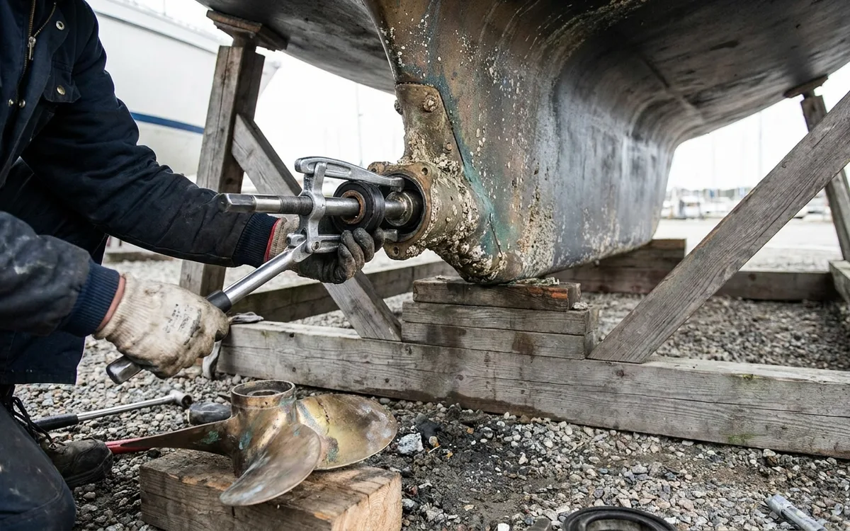 A puller presses the cutless bearing from the Hallberg-Rassy 34’s P-bracket along the installed shaft.