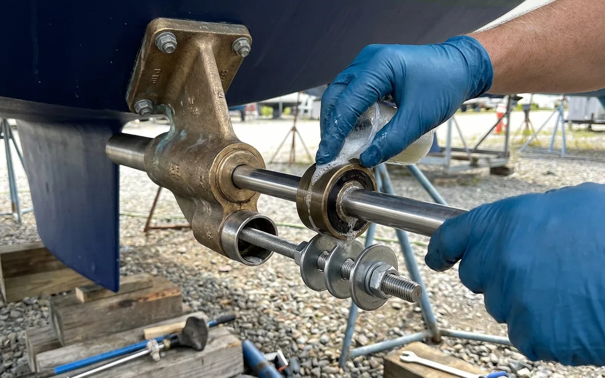 Hands press a lubricated cutless bearing over the shaft into the P bracket until it sits flush.