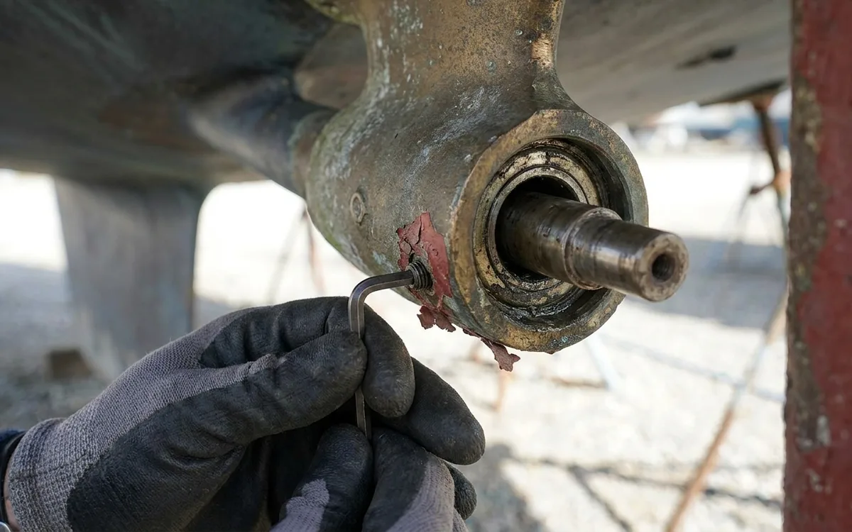Hands remove a P-bracket cutless bearing grub screw with a 4 mm Allen key.