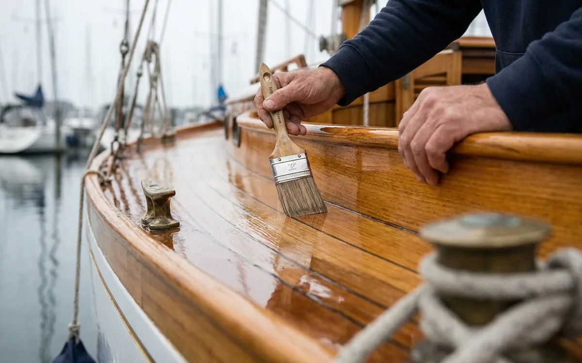 Hands brushing clear marine varnish onto the teak coaming of a sailboat.
