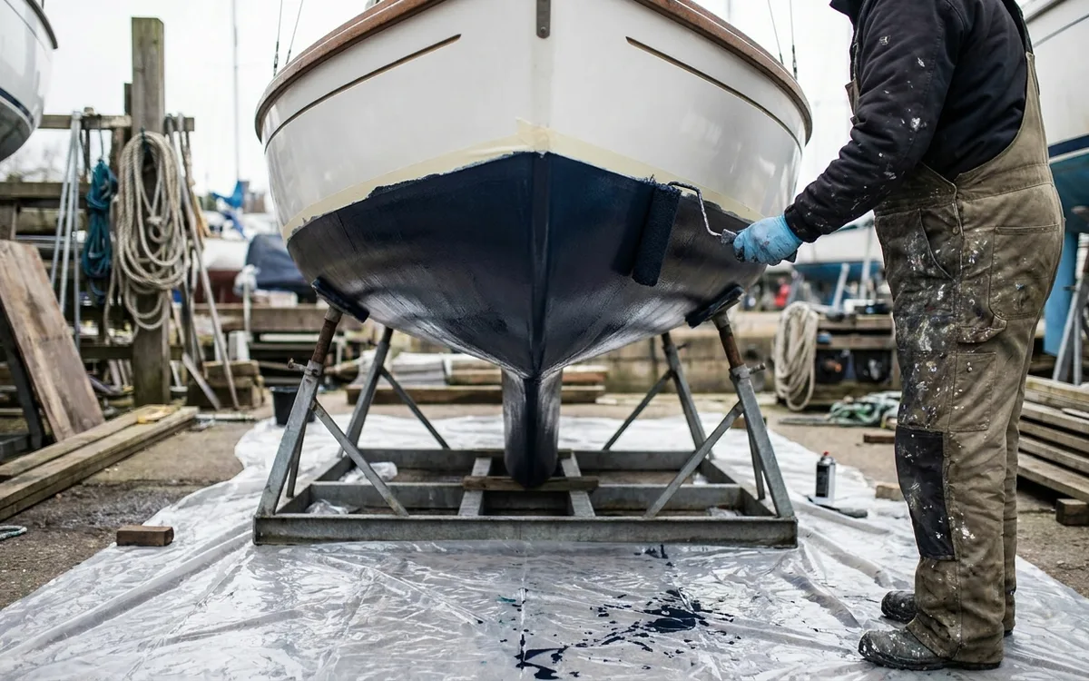 A gloved worker rolls dark antifouling paint onto a masked sailboat hull above protective sheeting.