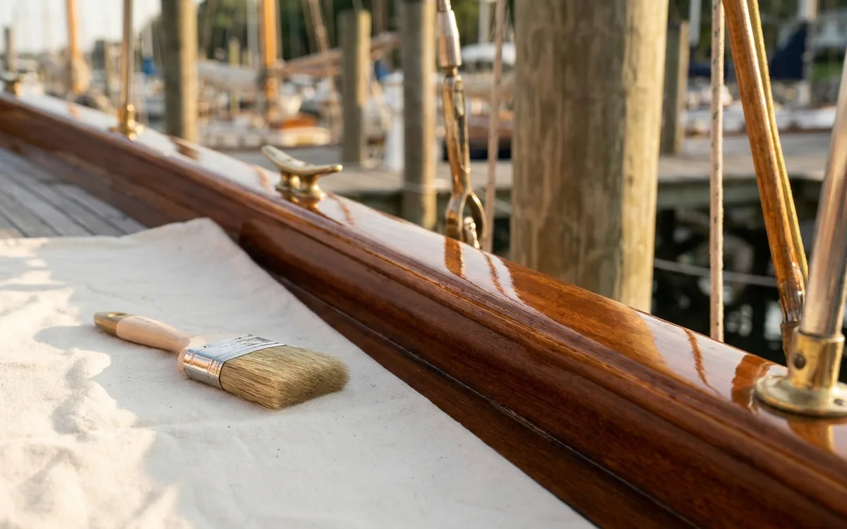 Glossy varnish reflecting light along a mahogany rail on a wooden sailboat.