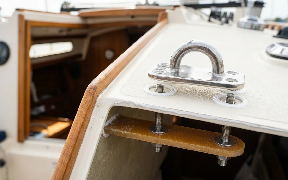 Stainless pad eye bolted through a sealed boat deck with a substantial backing plate
