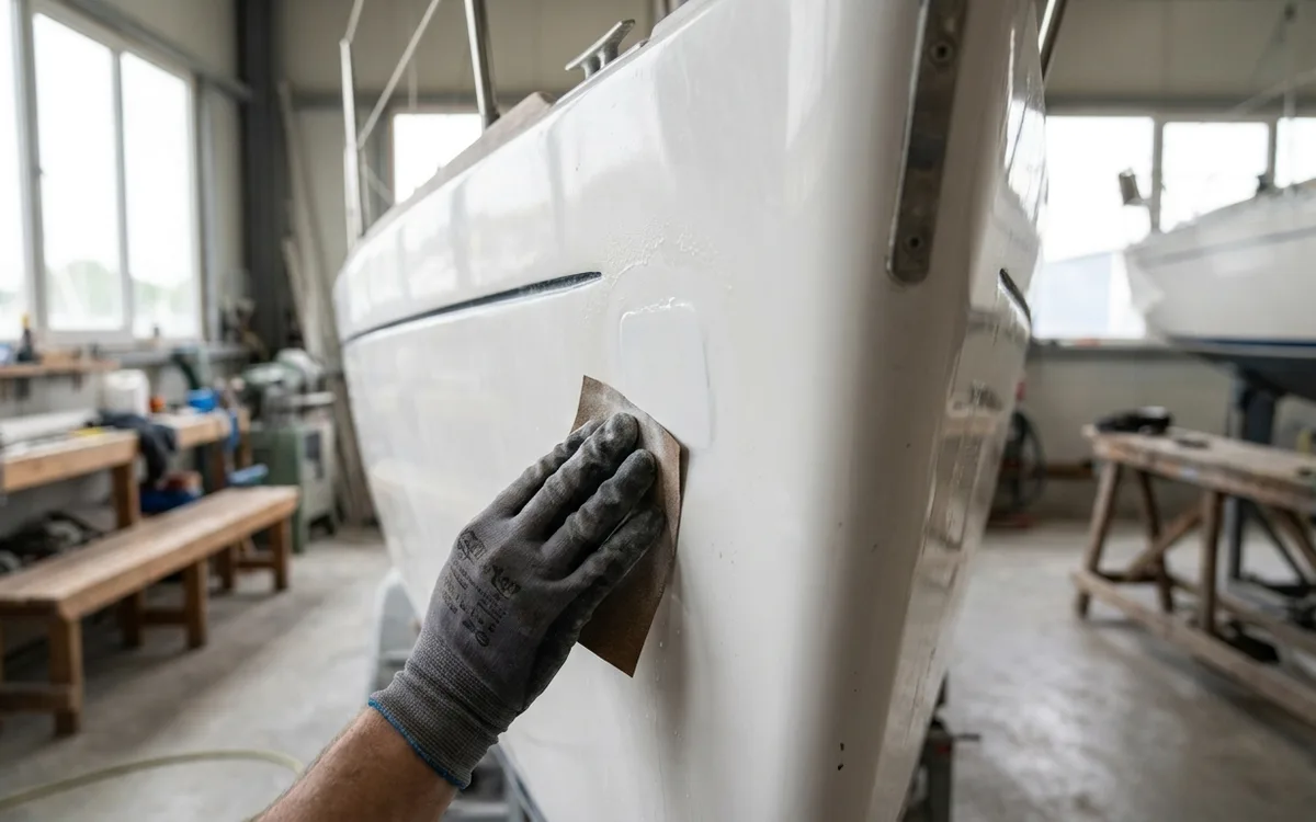 A gloved hand wet-sands a small gelcoat repair on a white boat hull.