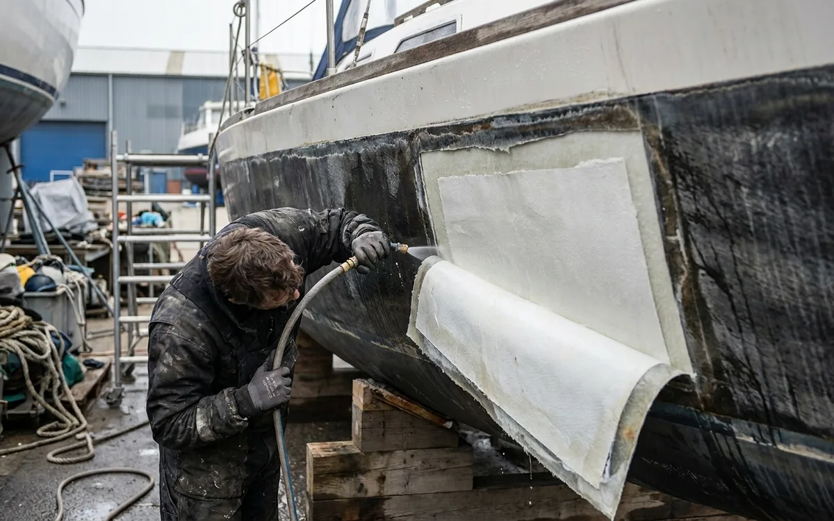 A sailboat hull ashore with gelcoat removed and exposed laminate being washed before repair.