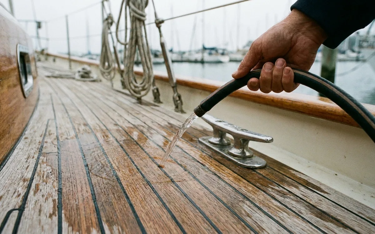 A yacht’s teak deck being gently rinsed, with the wood grain and dark caulking seams visible.