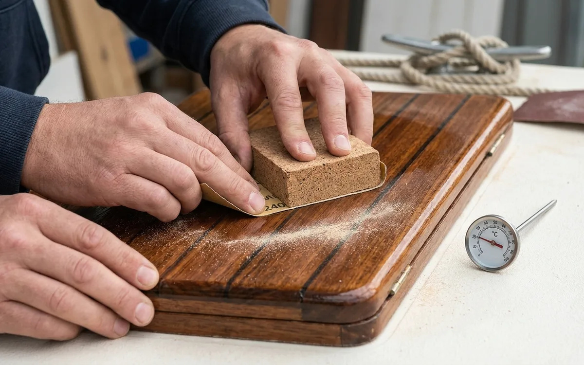 Hands sand a varnished hatch board with 240-grit paper, producing dry powder before the next coat.