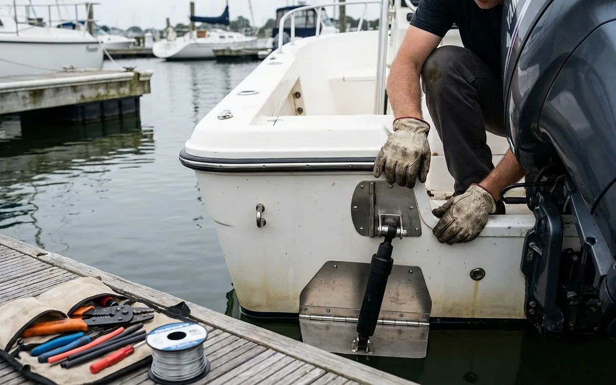Hands fitting a stainless electric trim tab to the transom of a centre console boat.