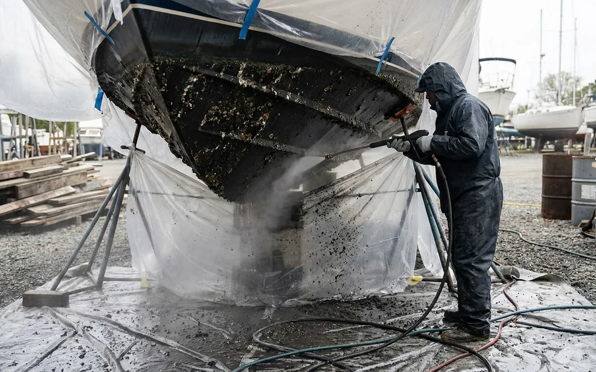 A technician wet-blasts bottom paint from a 30-foot boat inside a plastic containment tent.