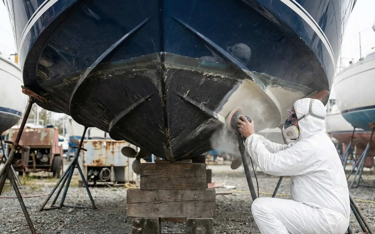 A protected worker sands antifouling paint from the deep-V hull of a boat on yard stands.