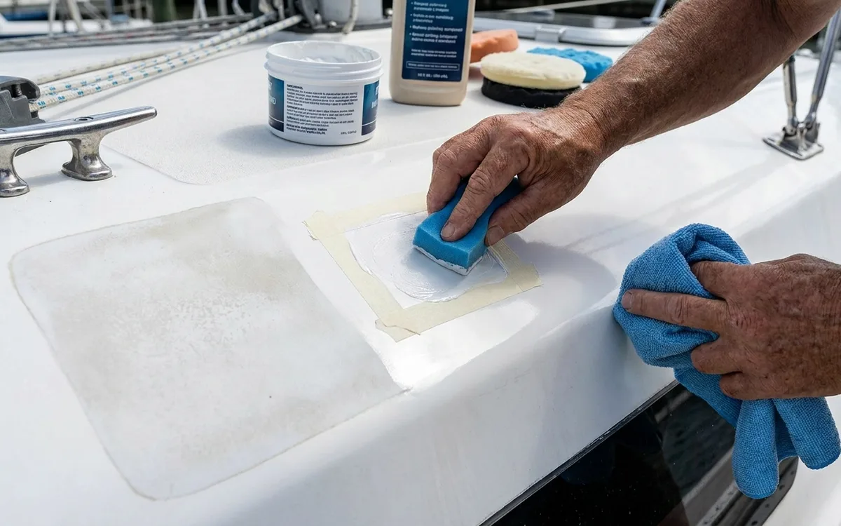 Hands buff a marine cutting compound test patch to check whether oxidised gelcoat can be restored.