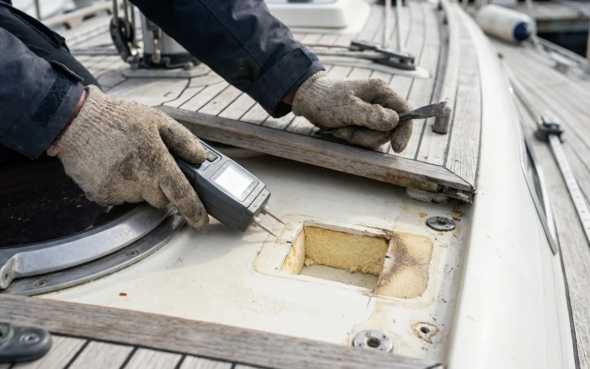 Hands check exposed deck core beside lifted teak with a moisture meter before replacement.