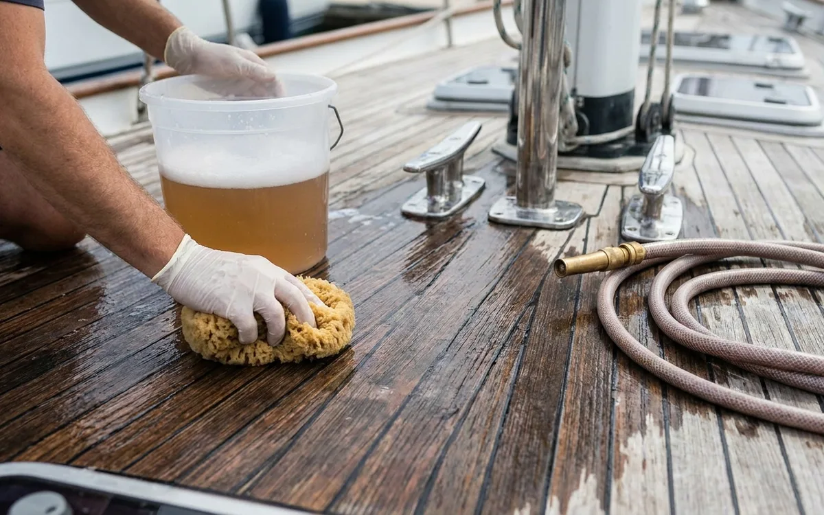 Hands gently wash teak planks across the grain with a soapy sponge.
