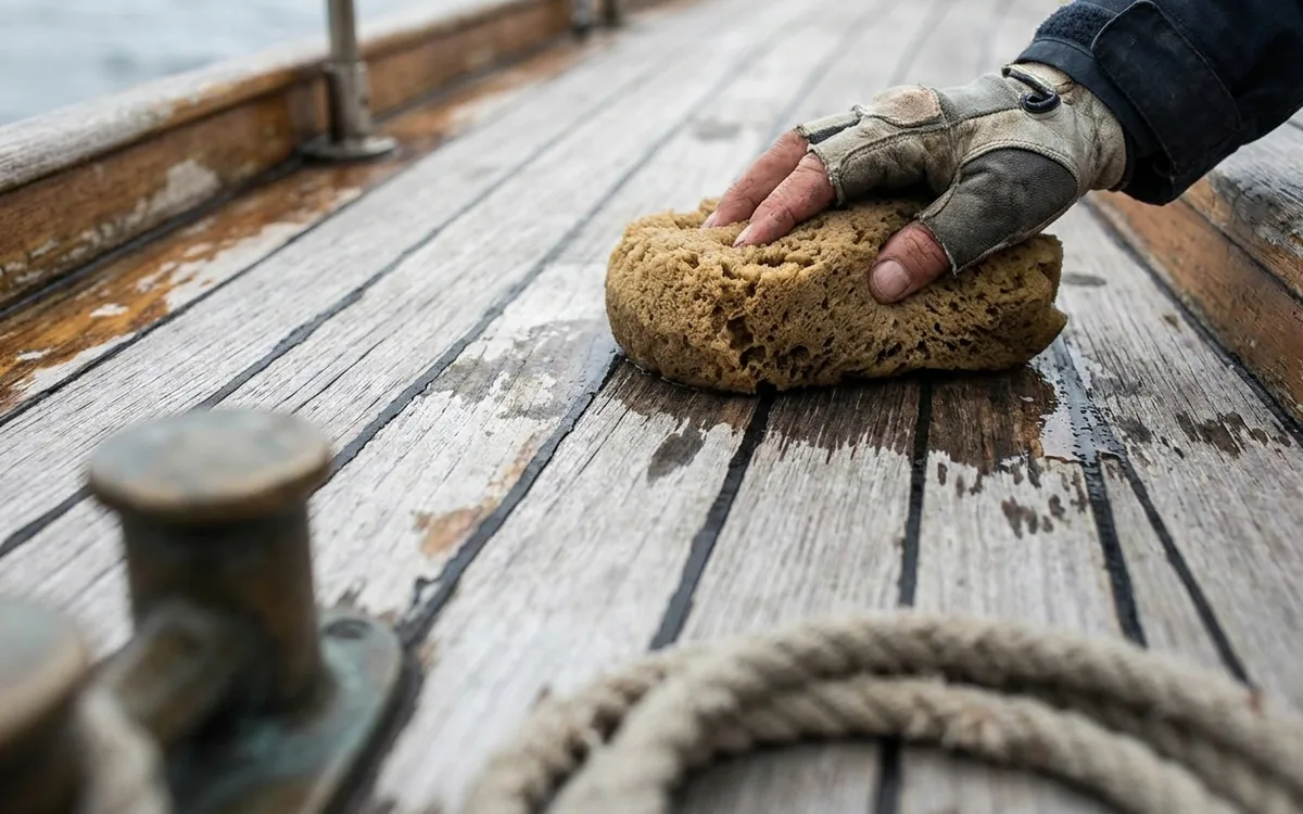 A soft sponge wipes salt water across the grain of a weathered silver-grey teak deck.