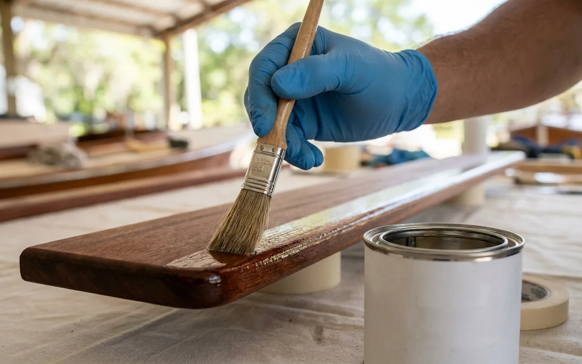A gloved hand brushes marine varnish along the grain and over a boat trim board’s end grain and edge.