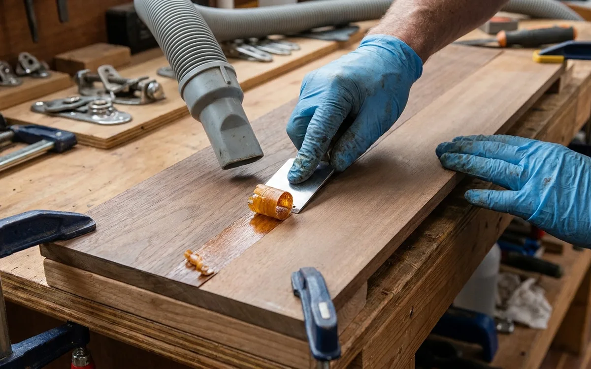 A gloved hand scrapes failed varnish from a supported veneered boat board with the grain.