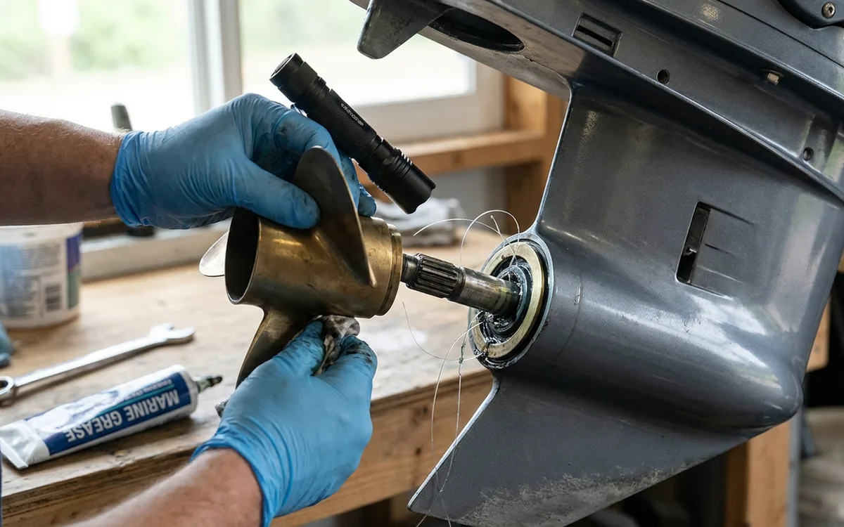 Hands inspect an outboard prop shaft for fishing line, check the seal, and apply marine grease.