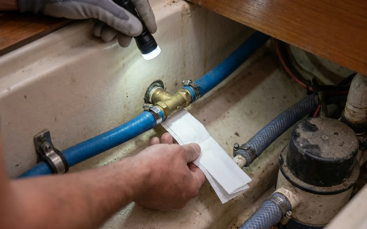 A hand places kitchen paper beneath a pressurised freshwater pipe joint to catch the first leak.
