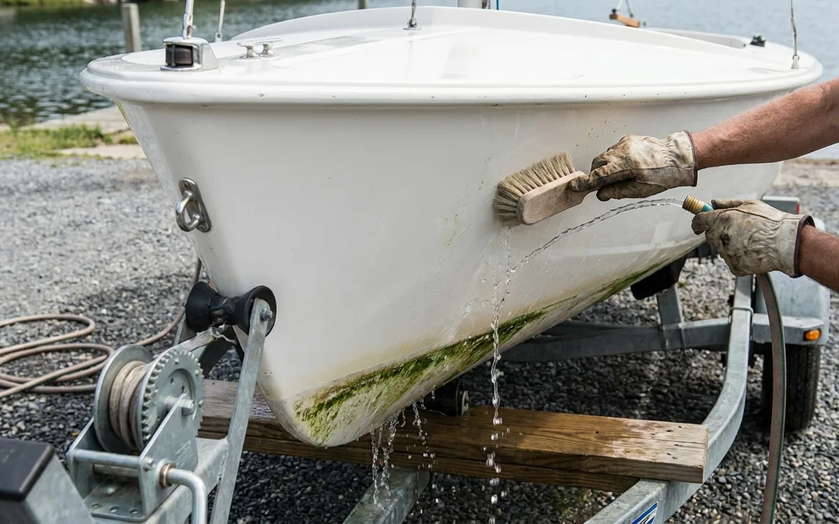 Gloved hands rinse slime from the bare gelcoat waterline of a boat resting on trailer bunks.