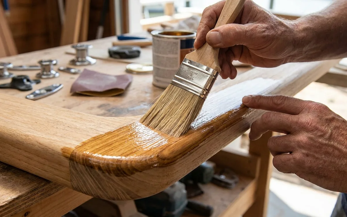 Hands brush a thin, even coat of marine varnish along the grain and over a rounded timber edge.