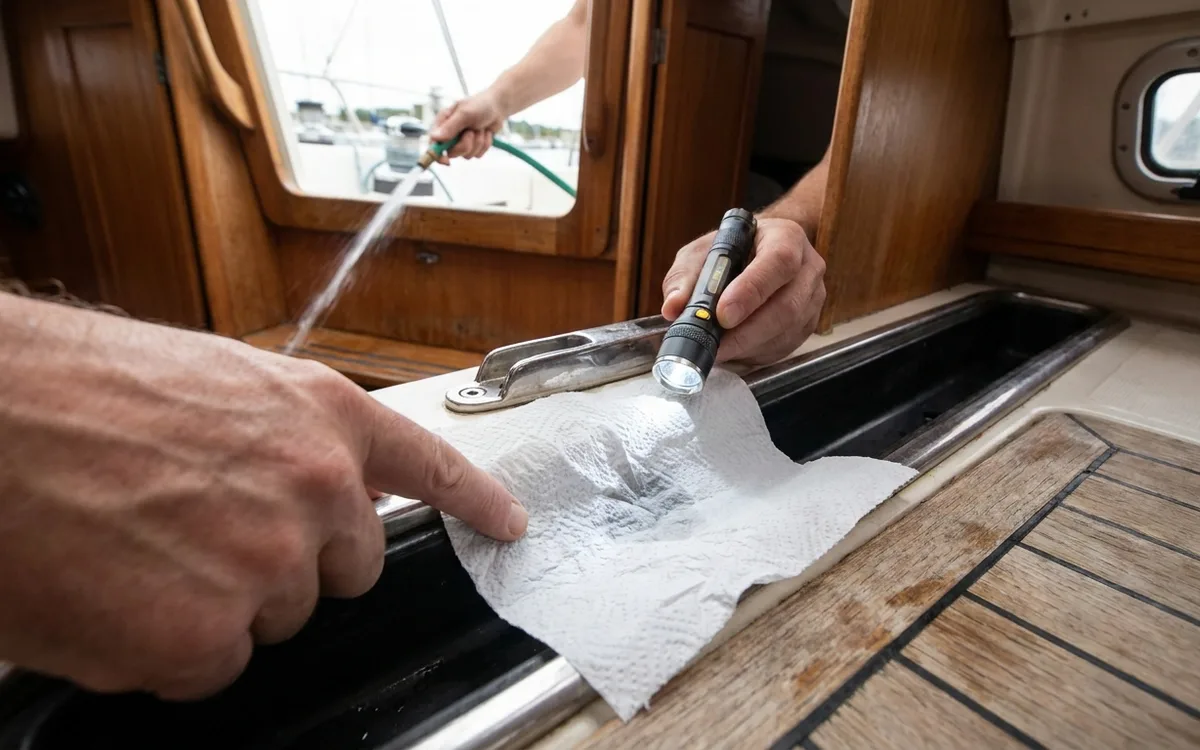 A crew member checks paper beneath a deck fitting with a torch as another gently hoses one area outside.