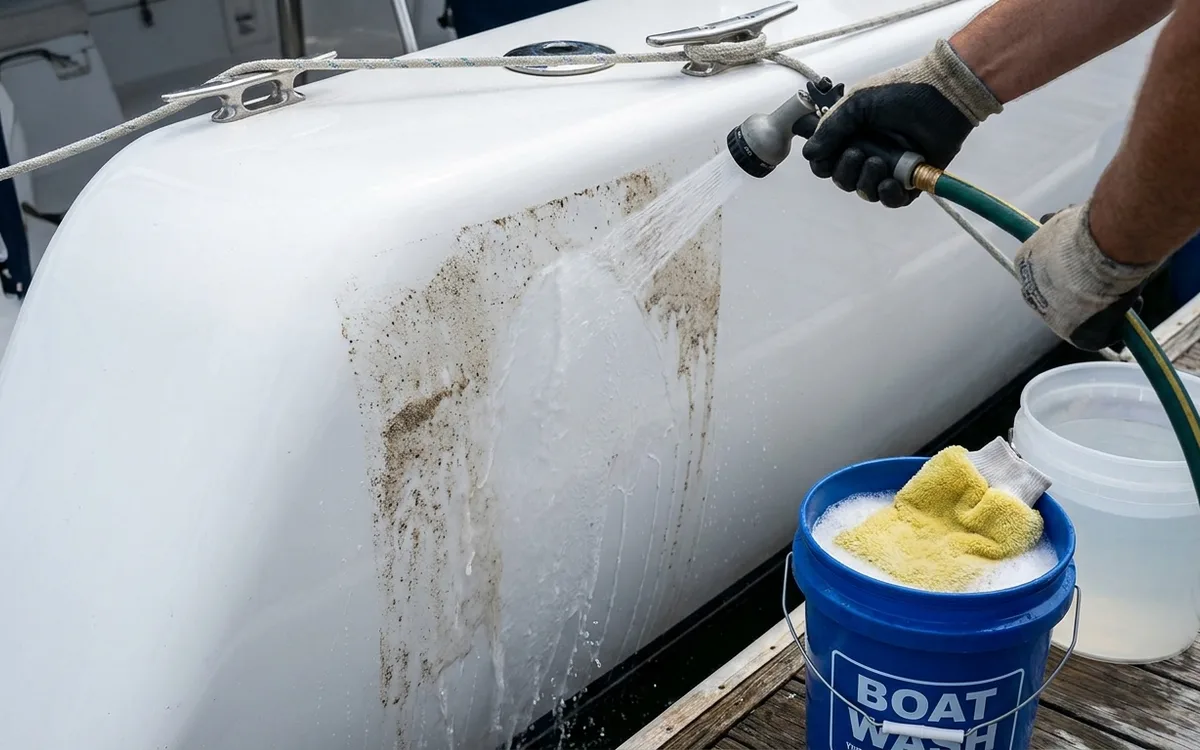 Hands rinse grit from a glossy gelcoat hull before gently washing it with a soft mitt.