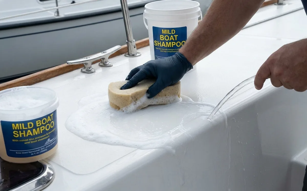 Gloved hands gently wash a shaded gelcoat topside with a soft sponge and mild boat shampoo.