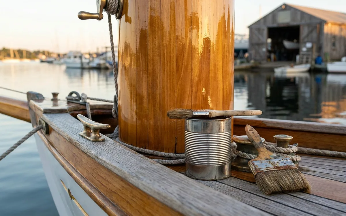 Deep glossy varnish reflecting light on a classic yacht’s wooden mast and rail.