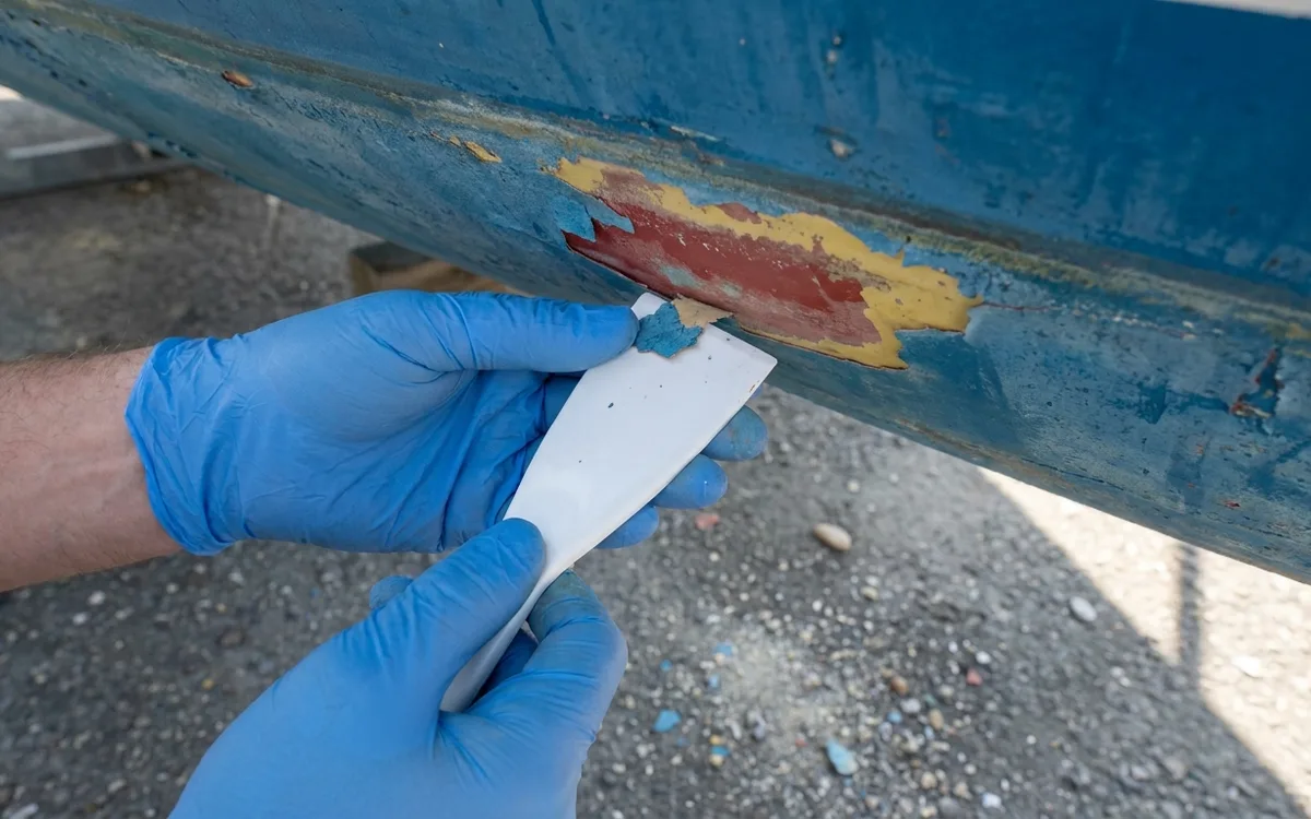 Gloved hands scrape a paint flake from a fibreglass hull to inspect the existing antifouling layers.