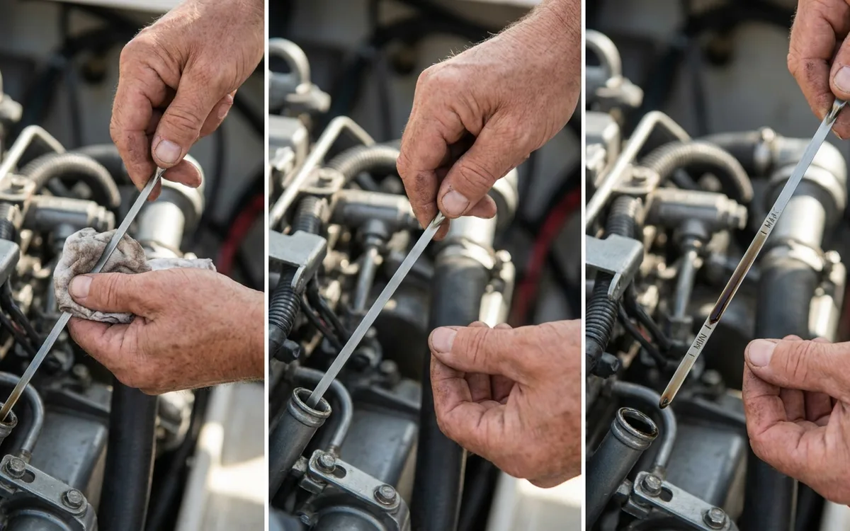 Hands check engine oil with the dipstick while the engine is off.