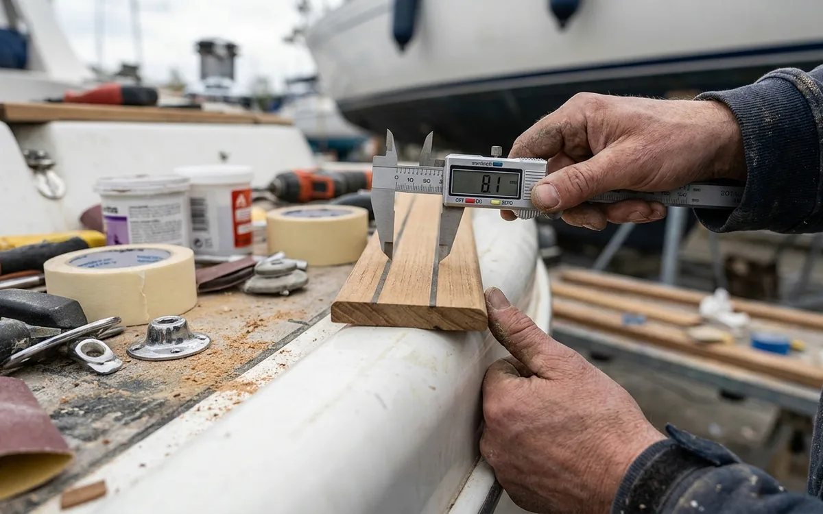 Hands measure an 8 mm teak deck sample with a caliper, excluding adhesive and fibreglass.