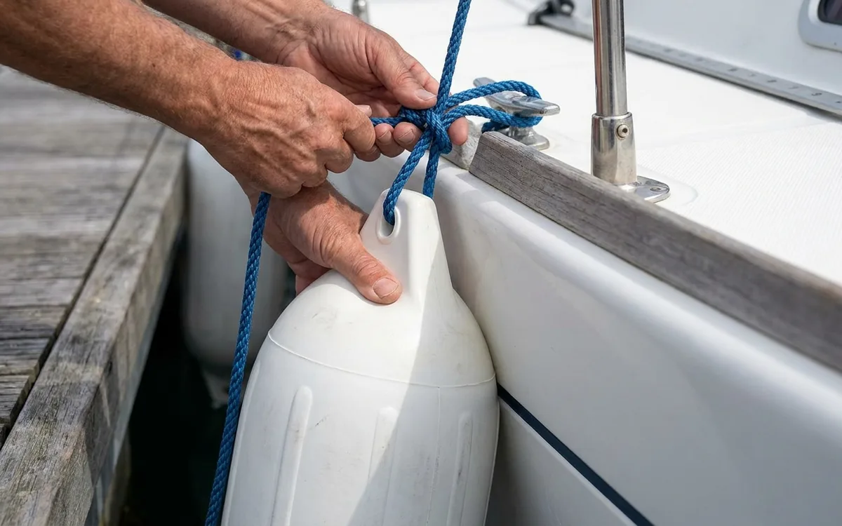 Hands reposition an inflatable PVC fender against a boat hull and secure its rope at the rubbing height.