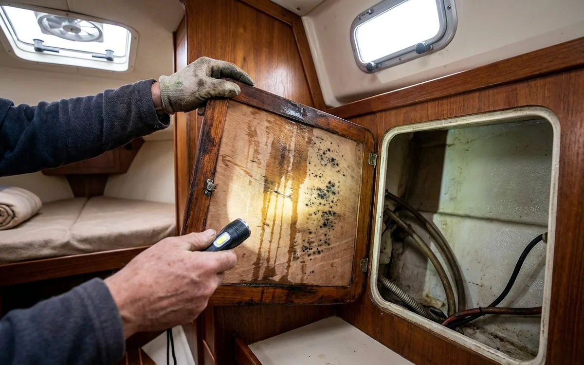 Hands lift a locker panel while a torch reveals water tracks and dark spotting behind it.