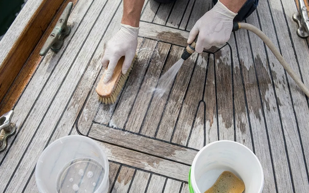 Hands gently brush weathered teak across the grain, then rinse the deck with fresh water.