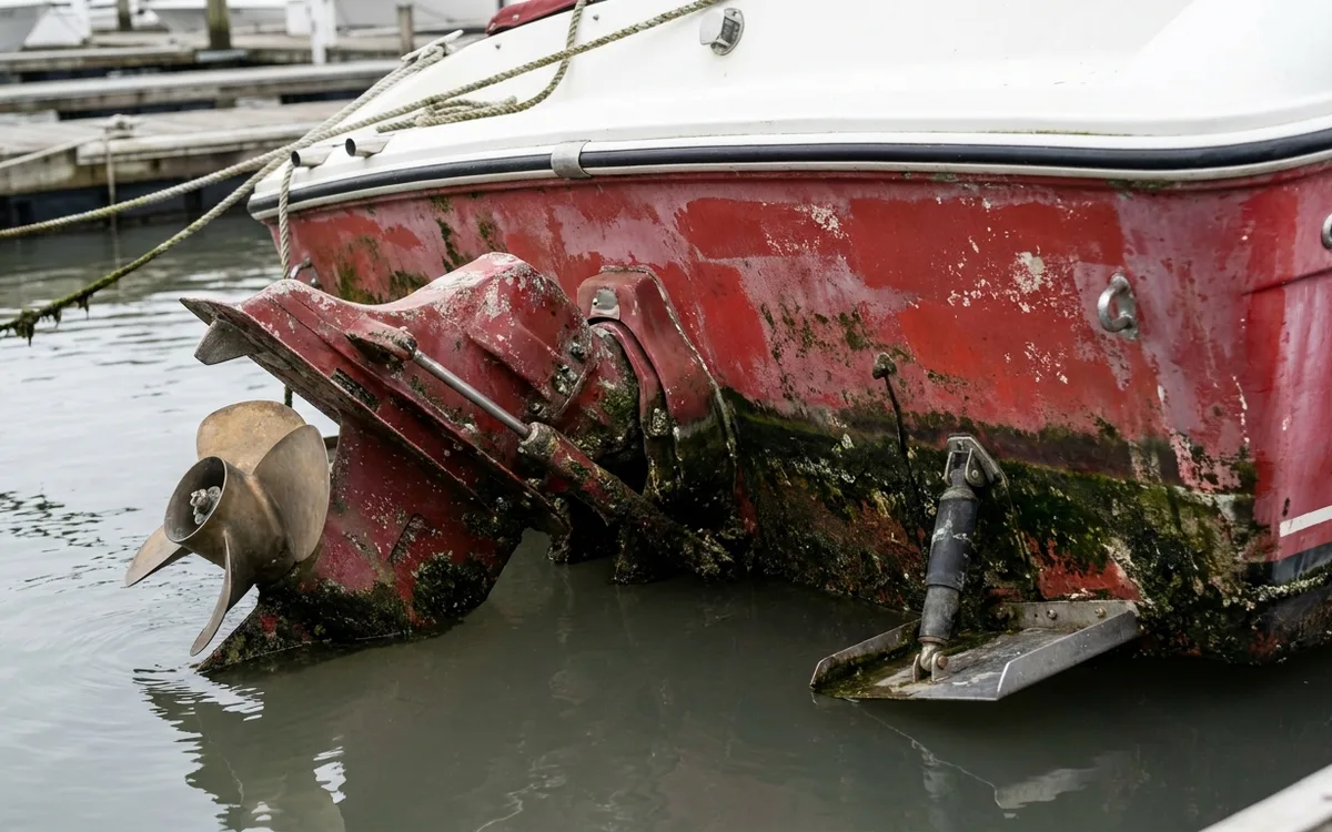 Patchy antifouling paint and marine growth on a fast motorboat hull