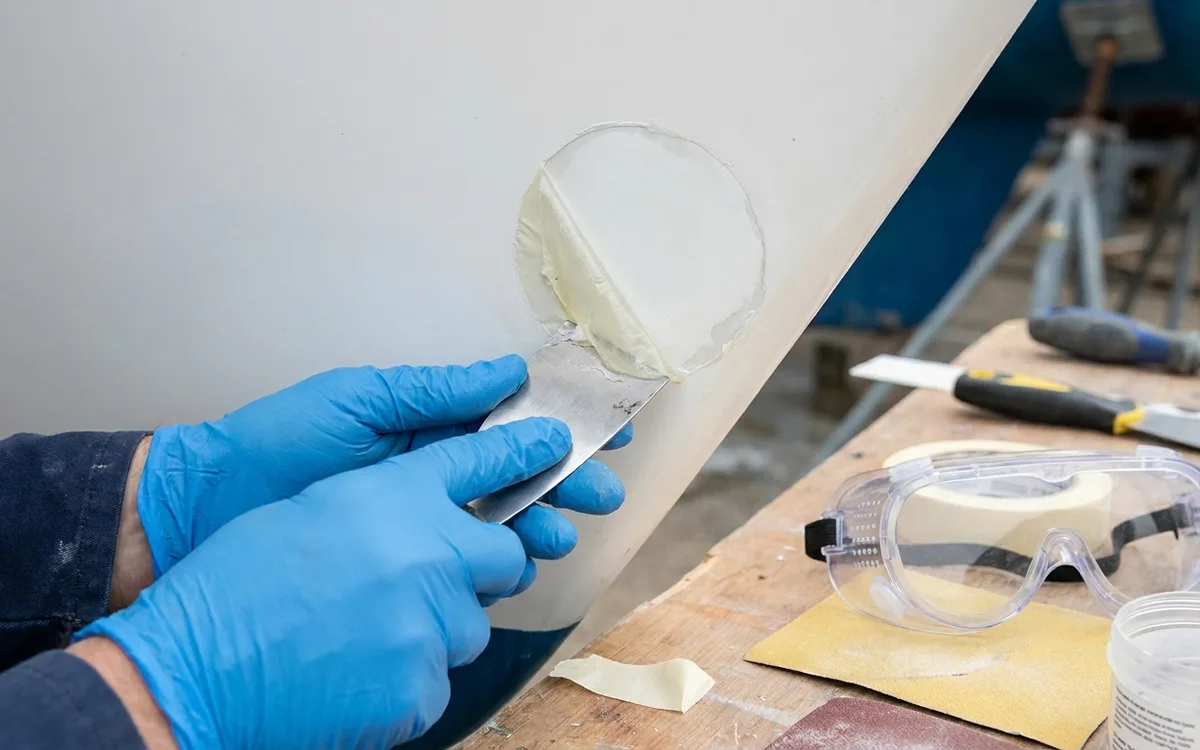 A gloved hand scrapes a sacrificial edge to check whether sticky gelcoat is hard beneath its surface skin.