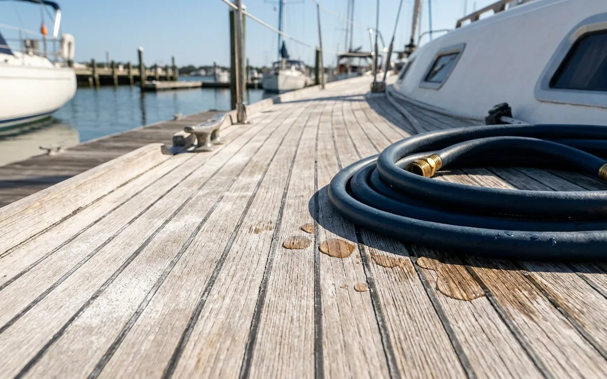 Chalky white salt haze settled in the grain of a teak yacht deck