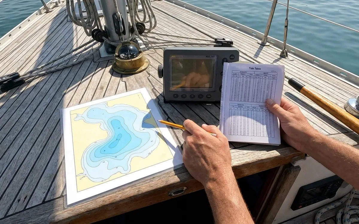 Hands compare charted depth and tide height, then check clearance for a 1.9 m draught.