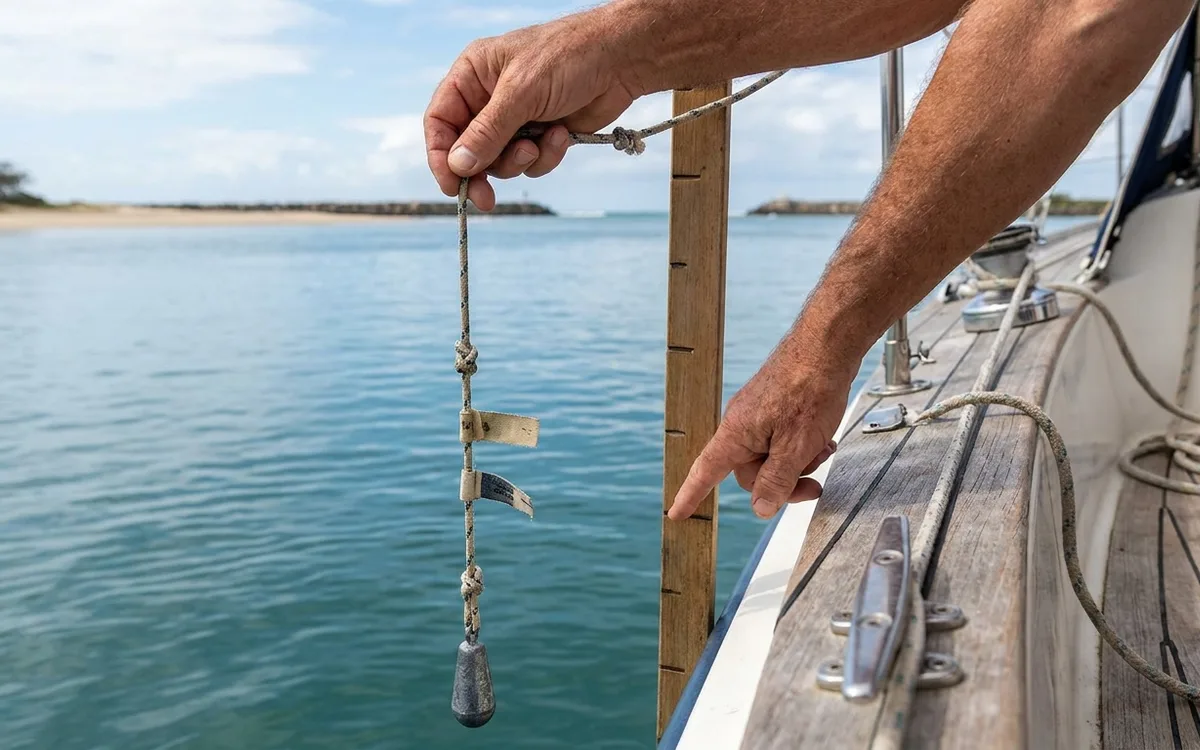 Hands measure water depth with a vertical lead line beside a yacht before a bar crossing.