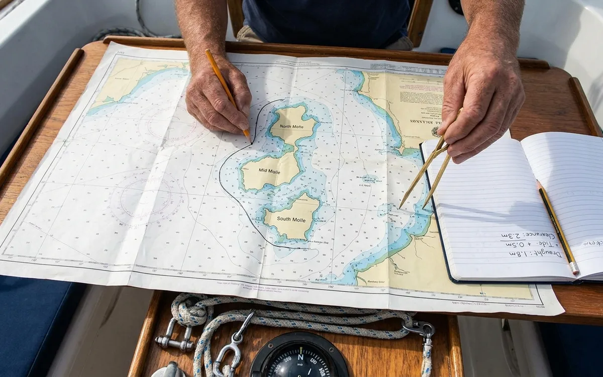 Hands trace a charted route around Mid Molle and check shallow soundings against the boat’s draught and tide.